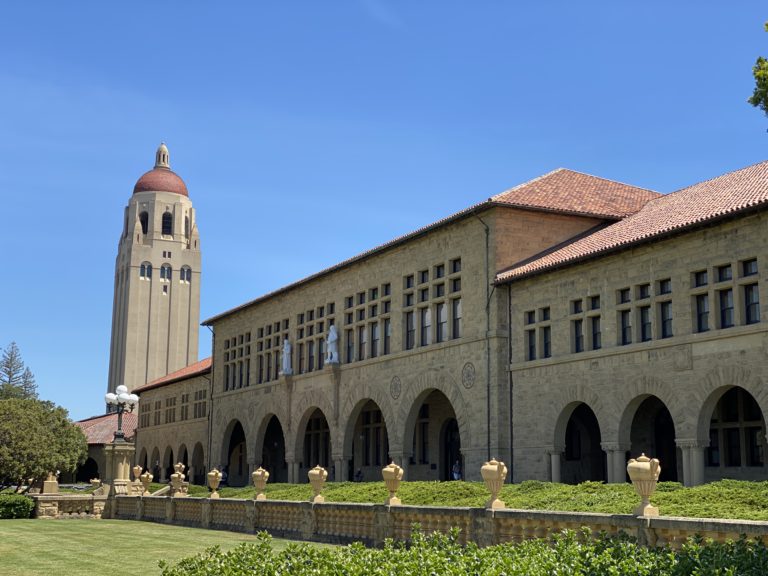 front of stanford campus with the Hoover tower in background