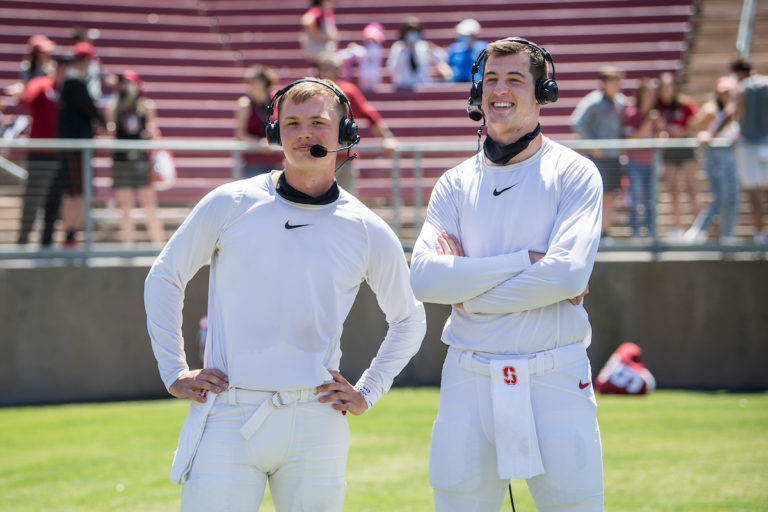 Stanford football's quarterbacks Jack West and Tanner McKee side-by-side.