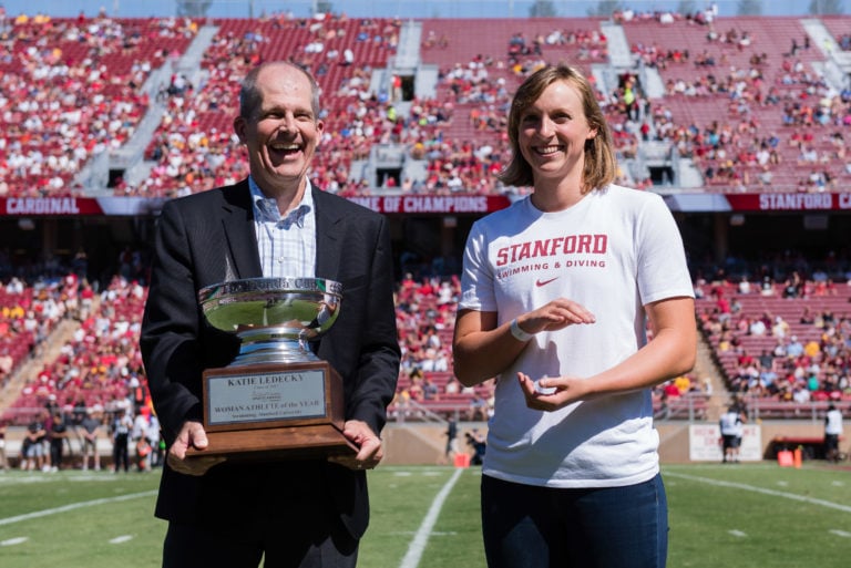 Katie Ledecky winning an award at Stanford Stadium