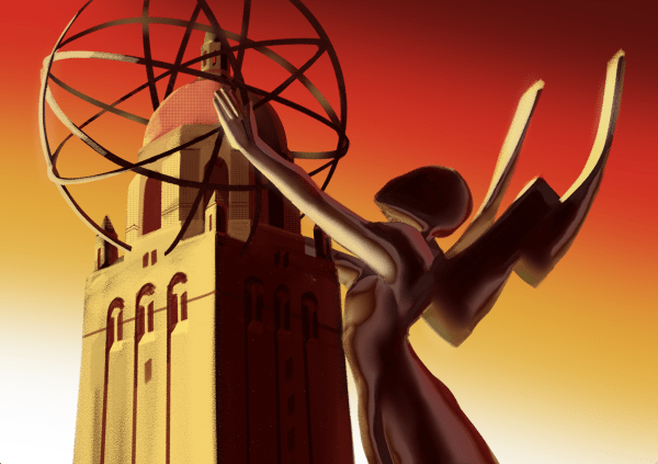 A graphic of an Emmy statue and Hoover Tower.