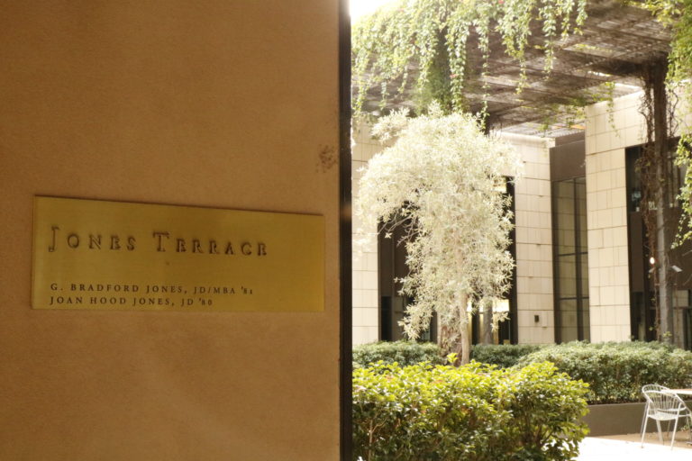 A picture of the Law School terrace with Jones Terrace's name displayed.