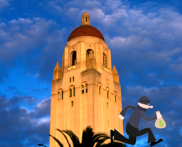 clip art of a robber overlays a photo of hoover tower