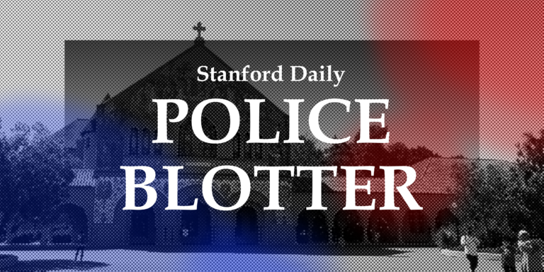 Graphic that reads "Stanford Daily Police Blotter" with blue and red circles in the background over a black and white image of Stanford's main quad.