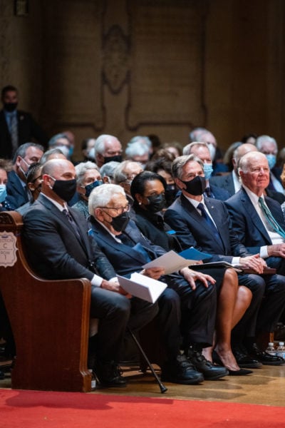 Former U.S. Secretaries of State Henry Kissinger, Condoleezza Rice, James Baker and current Secretary of State Antony Blinken attend George Shultz's memorial service at Memorial Church.