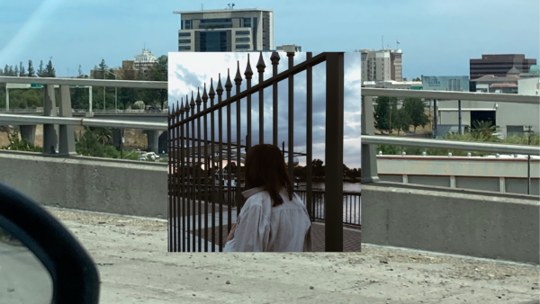 A photo of writer Kyla Figueroa looking through a fence, placed over a picture of Stockton.
