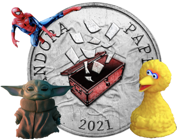 Spiderman, big bird and baby yoda overlay a coin reading 'PANDORA PAPERS 2021'