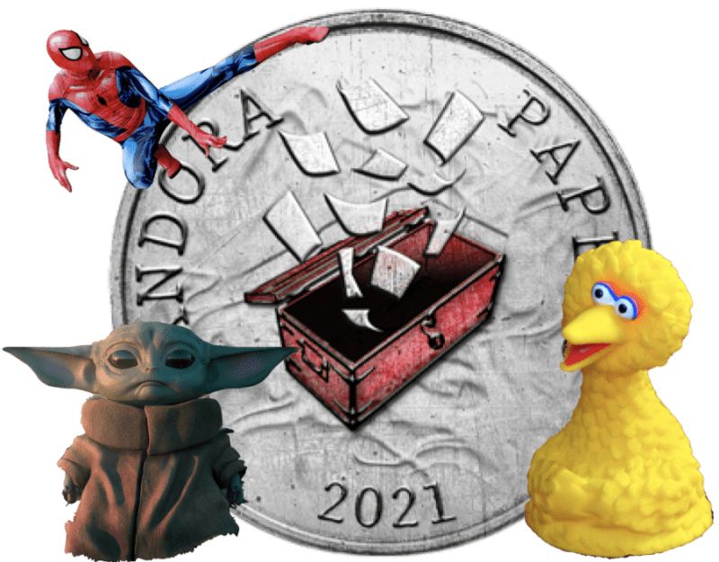 Spiderman, big bird and baby yoda overlay a coin reading 'PANDORA PAPERS 2021'