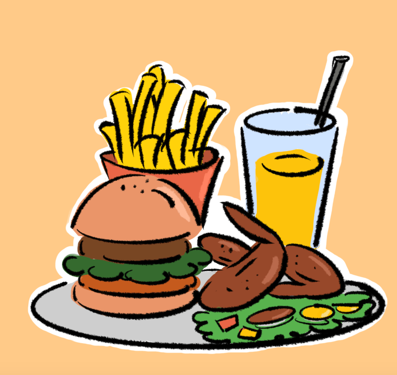 A graphic of a meal of a hamburger, fries and other food