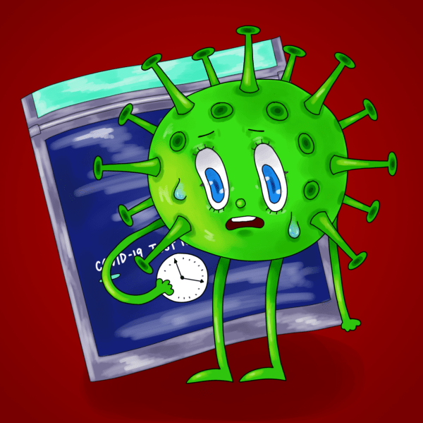 A cartoon virus holding a clock looking nervous, with a COVID-19 testing bag in the background