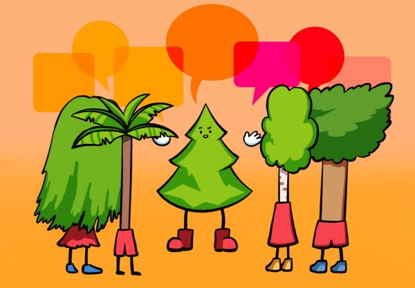 Graphic of different trees speaking to each other with speech bubbles.