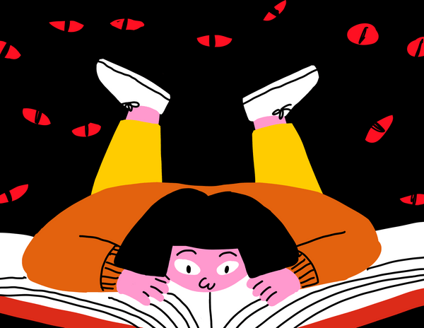 illustrated figure lying down reading book with scary red eyes in the background behind them