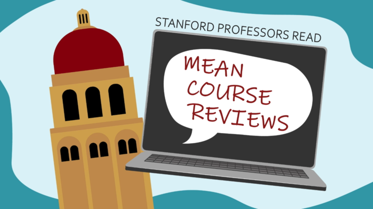Graphic with Hoover Tower and computer screen with "Stanford Professors Read Mean Course Reviews"