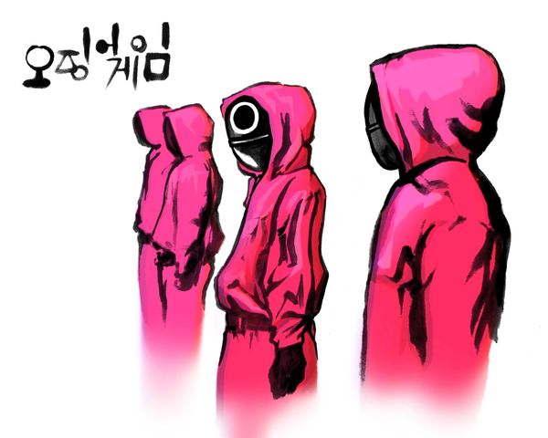 Four people wearing pink jumpsuits and black masks stand in a line."Squid Game" in Korean is written on the top left hand corner.