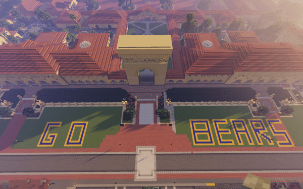 pic of stanford campus in minecraft griefed with the words "go bears" on the grass lawn