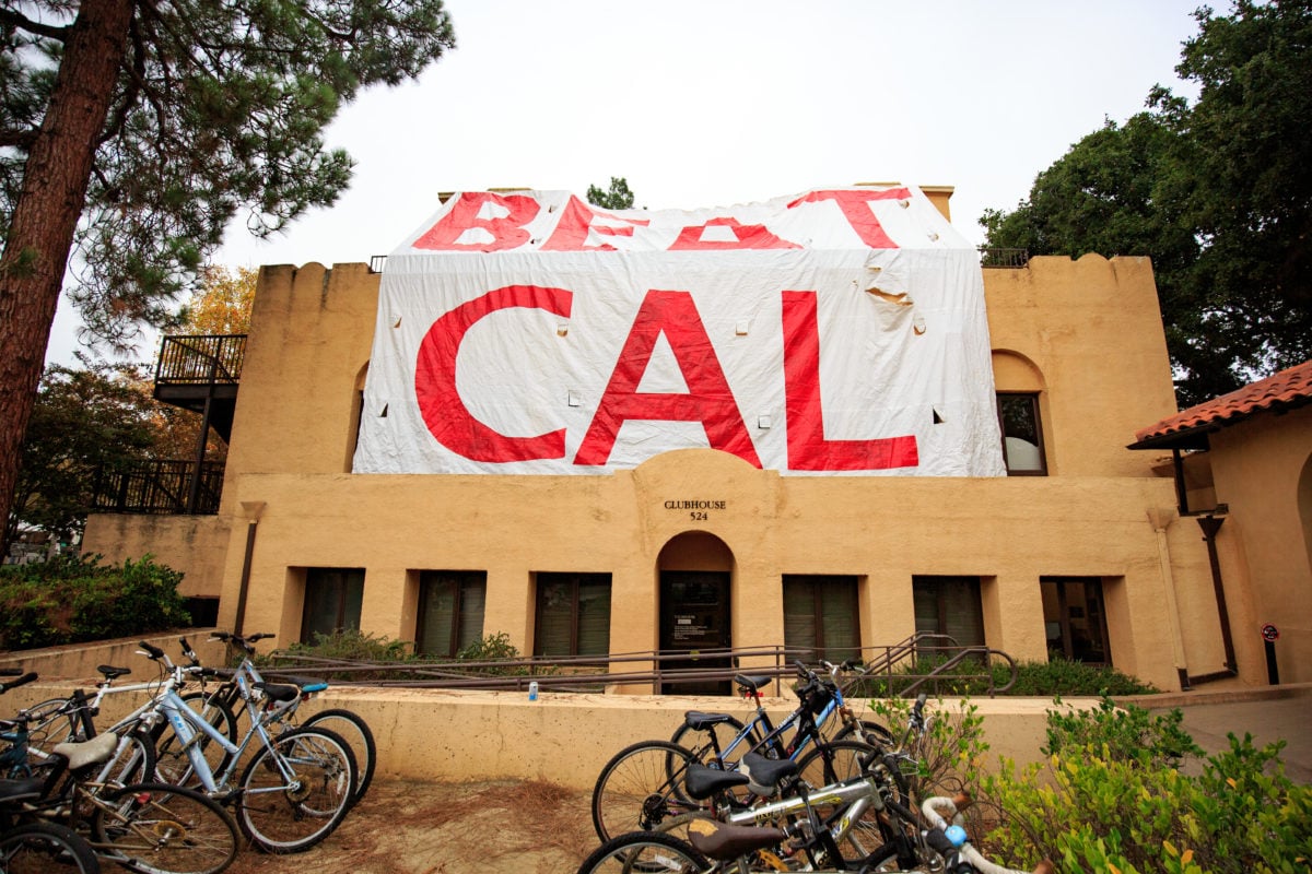 A banner reading “BEAT CAL” hangs on the Clubhouse building at Old Union in the week leading up to Big Game. 