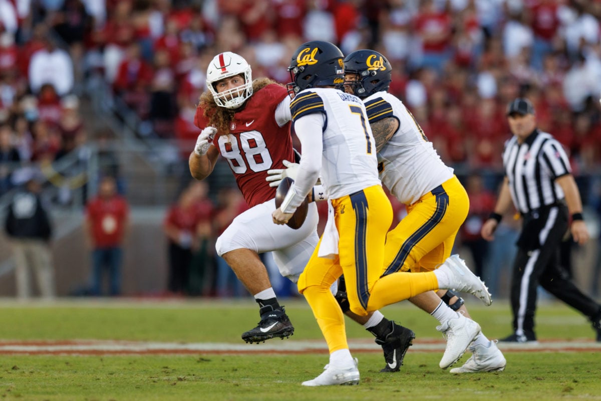 A Stanford defender in action against Cal during last week's Big Game.