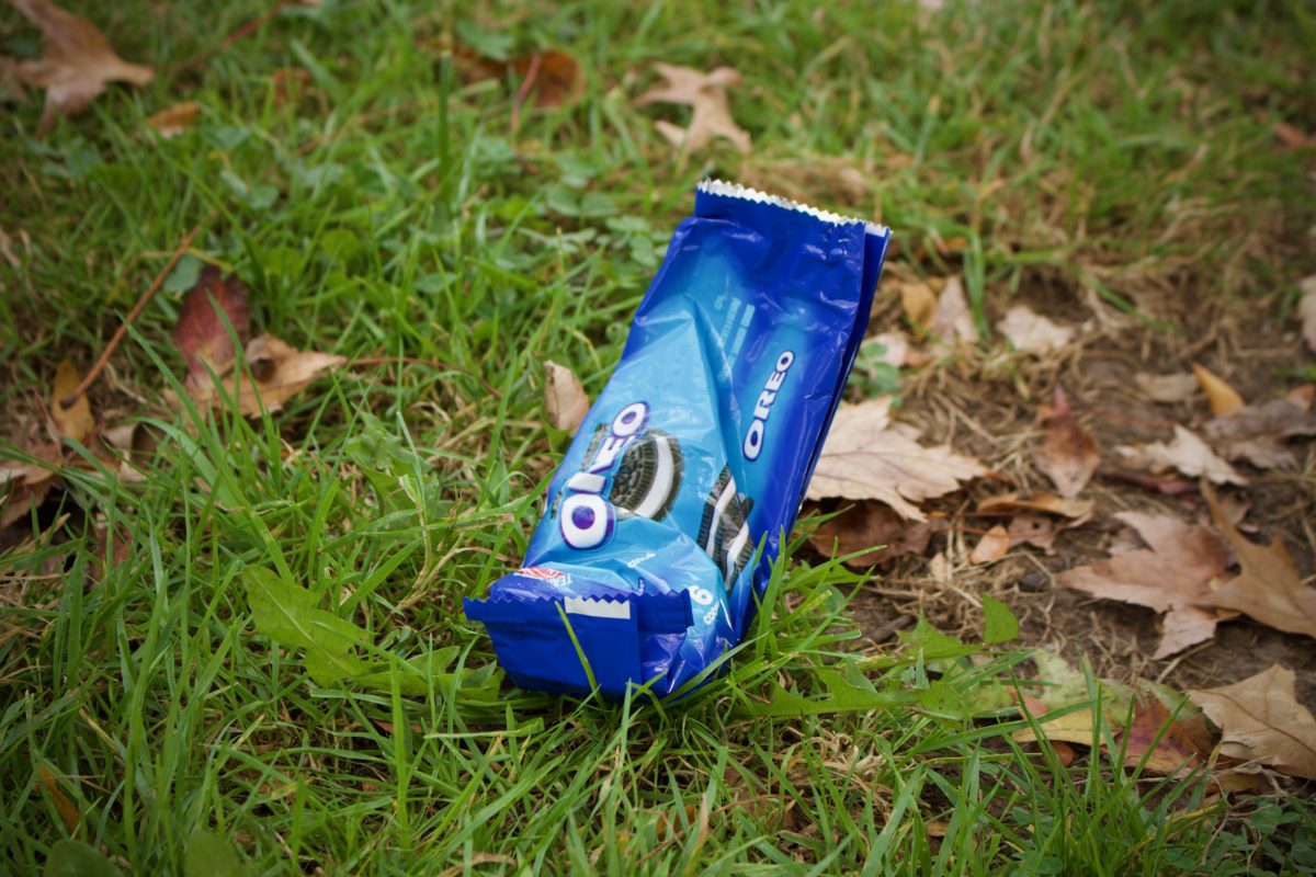 Oreo wrapper on grass