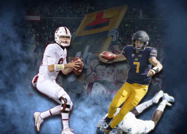 Graphic showing two quarterbacks looking to throw the ball with a background of the Stanford Axe.