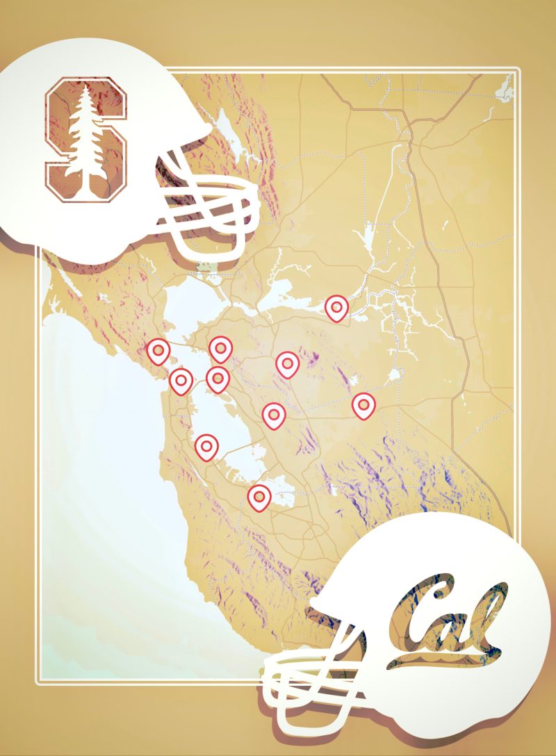 Graphic of the Bay Area, California with 10 pins dropped on 10 different cities, with one football helmet with the Stanford logo on the top left and one football helmet with the Cal logo on the bottom right.