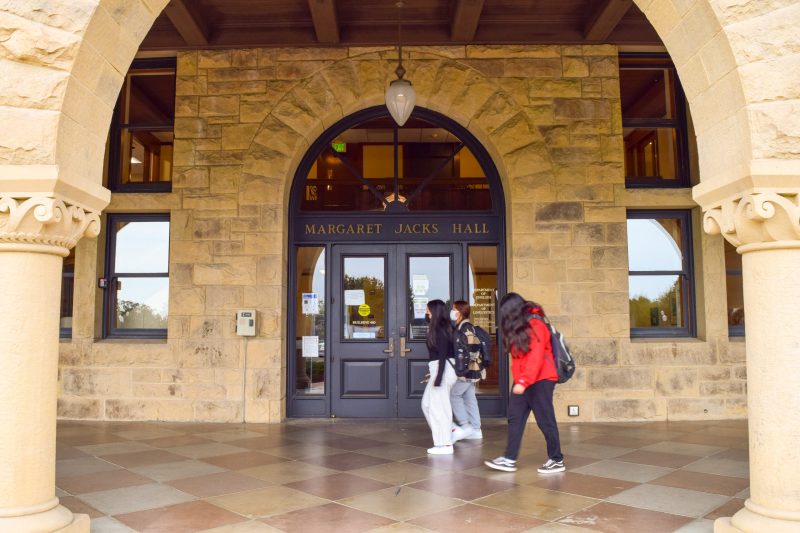 picture of Margaret Jacks Hall with students walking past main doors