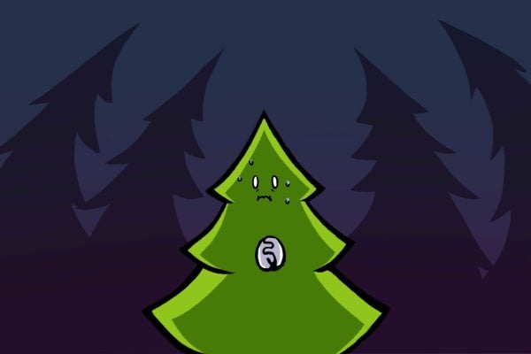 a cartoon of scared tree standing in the dark