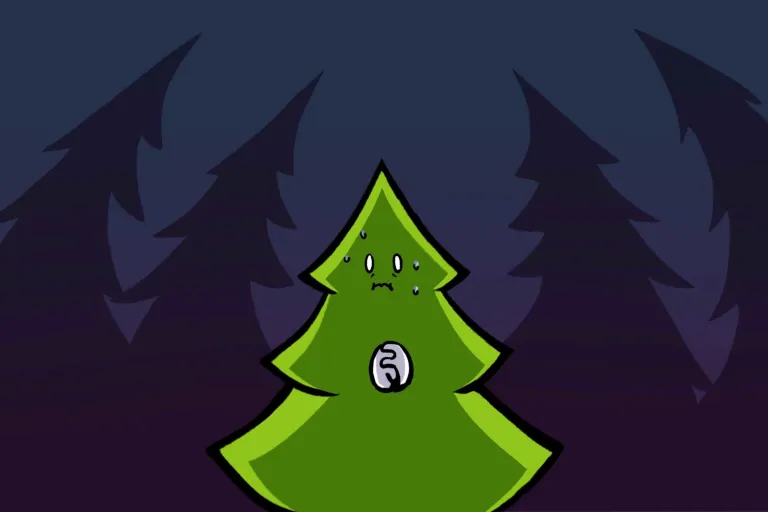 a cartoon of scared tree standing in the dark