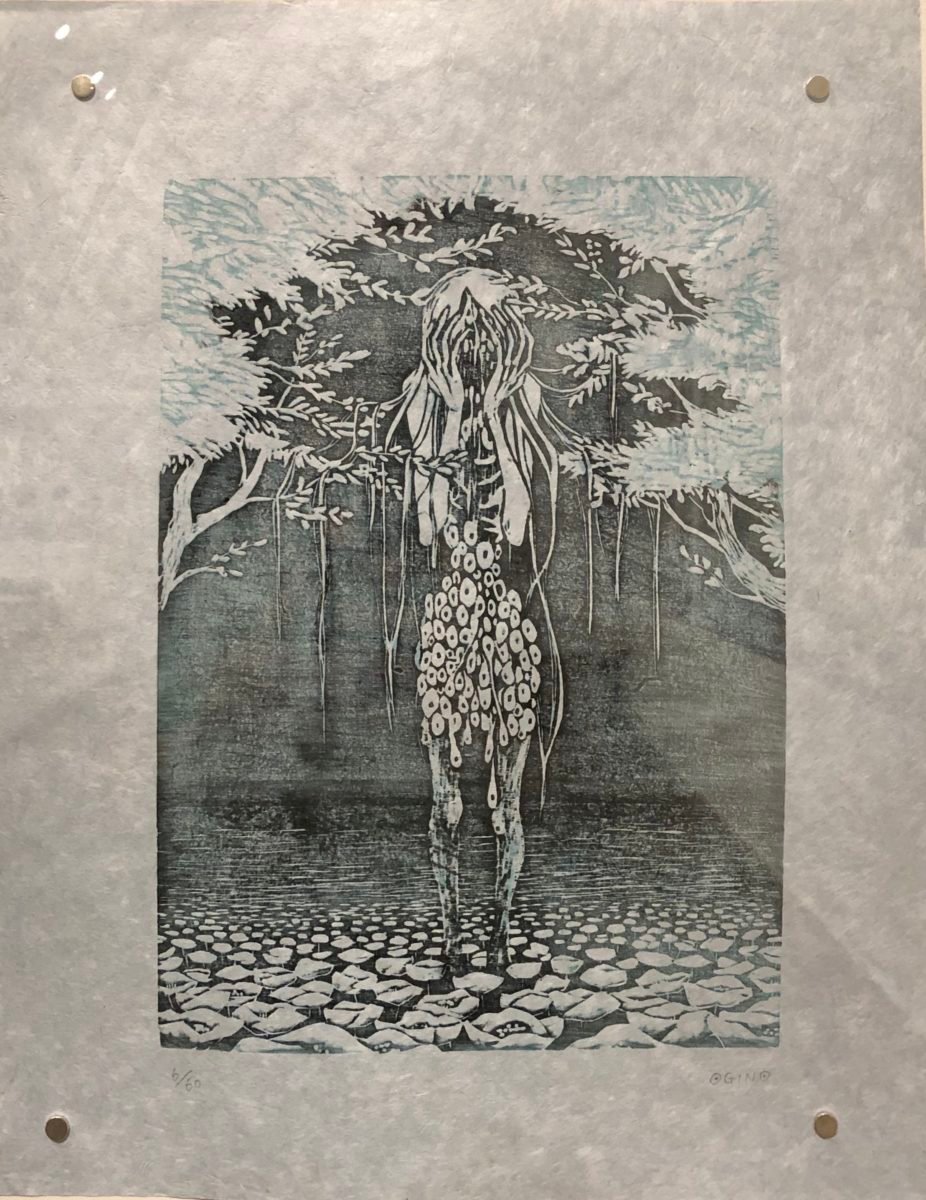figure stands in a forest setting and covers their face with their long hands, as their body morphs into droplets and then blossoms at the forest floor