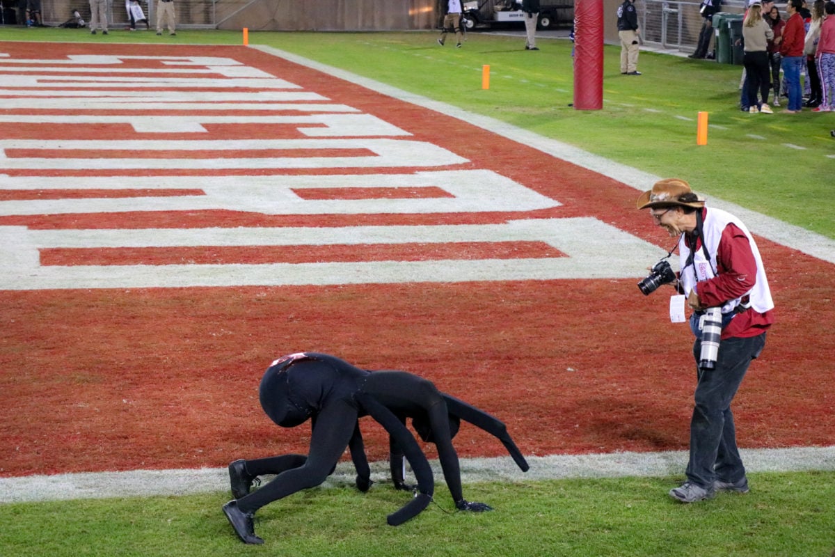A Stanford Band member dressed as a spider crawls on the field. A photographer looks at them.