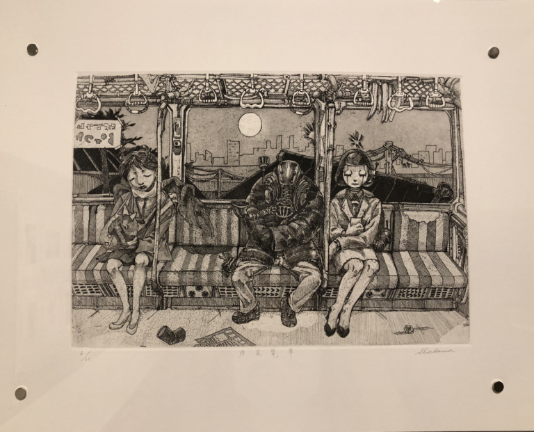 picture of ink print displaying figures sitting on a train