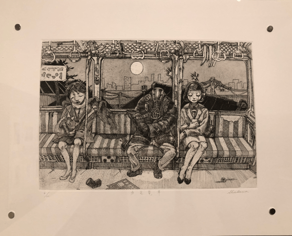 picture of ink print displaying figures sitting on a train