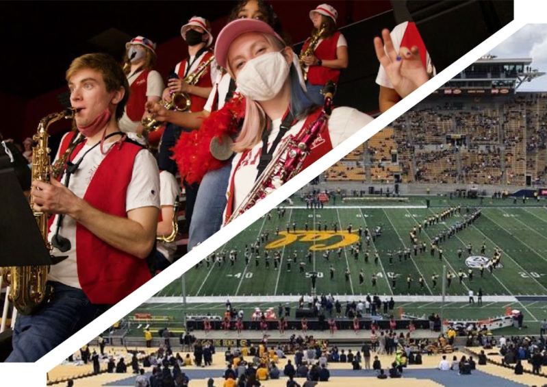 A graphic with a picture of LSJUMB on one side and Cal Band on the other.