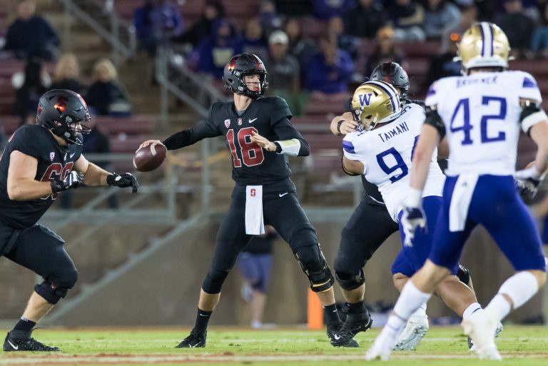 Tanner McKee prepares to pass the ball against Washington.