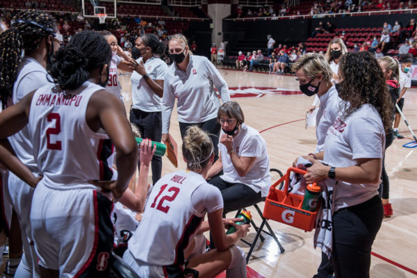 Stanford women's basketball huddles during a timeout.