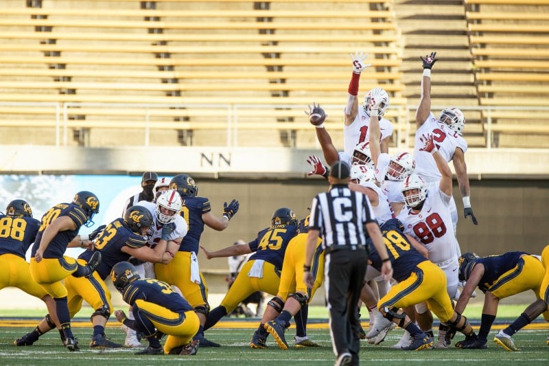 The Stanford special teams unit blocks a Cal field goal