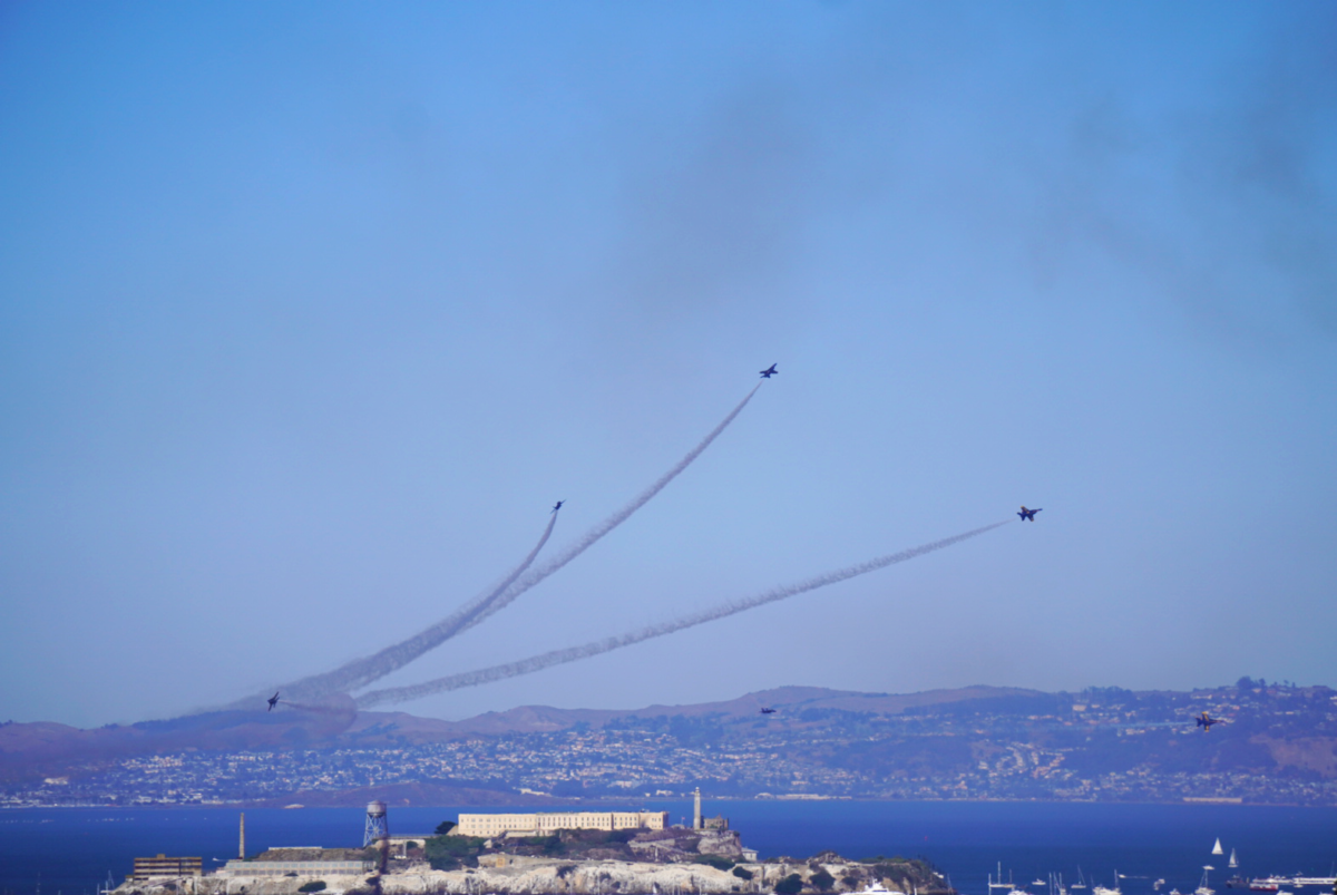 The jets disperse above Alcatraz.