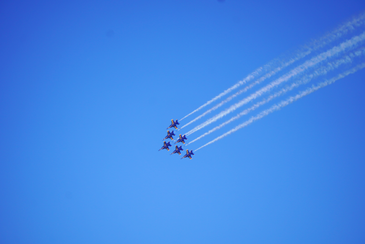 All six jets fly together in a triangular formation.