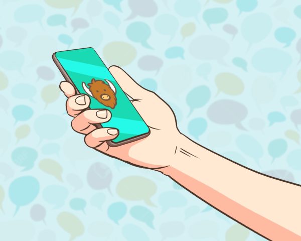 A graphic of a user holding a cell phone.