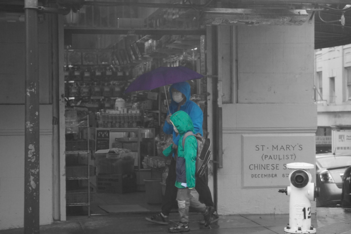 An adult and a child walks by stores in Chinatown. Their jackets shine blue and green. Their umbrella is purple. Everything else is pictured grayscale.