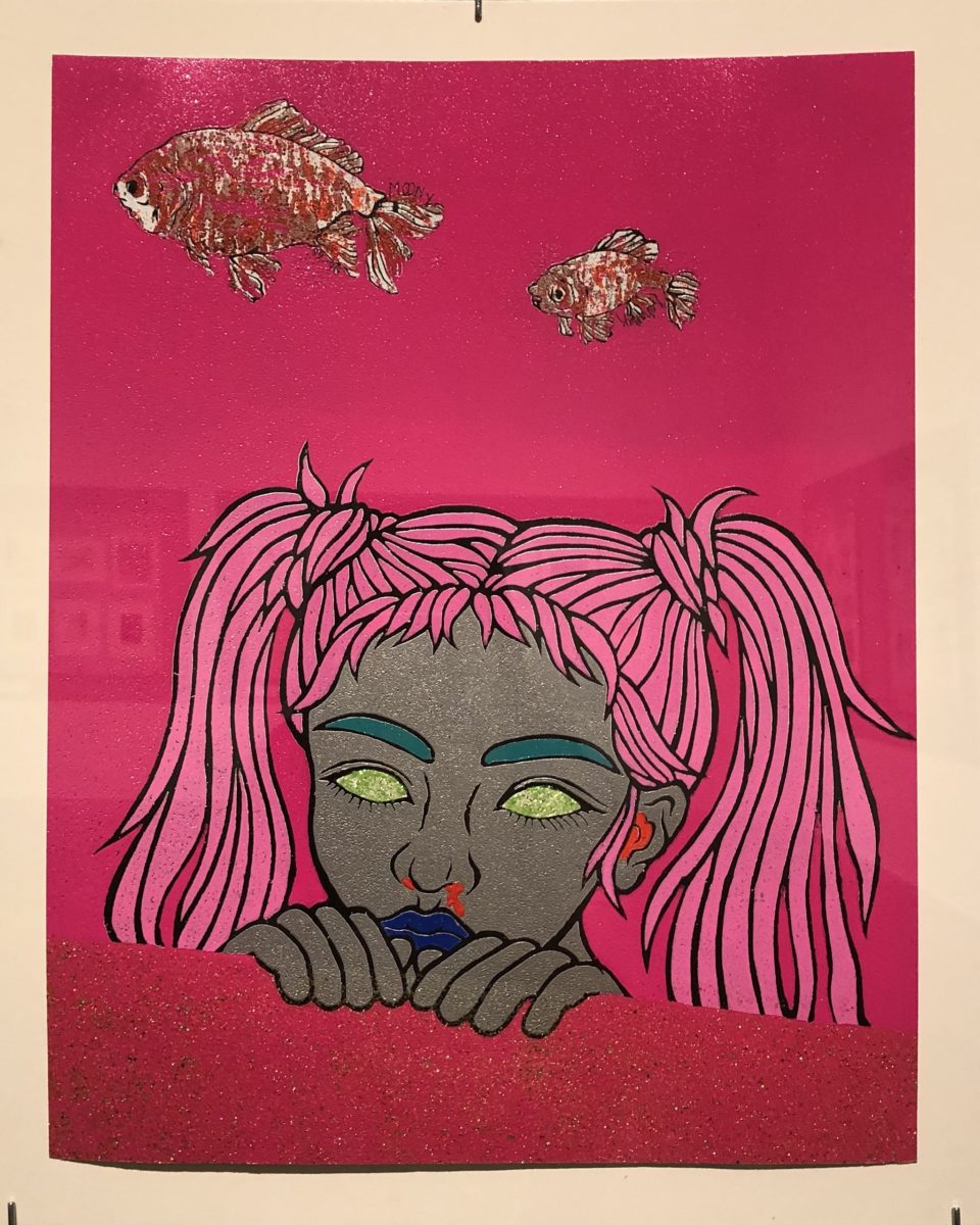 hot pink background with fish at the top and a girl in pink pigtails peering over a red form at the bottom