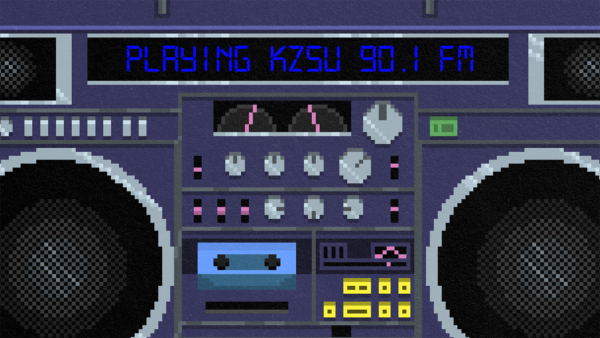 Graphic showing a pixelated radio with text "Playing KZSU 90.1 FM"