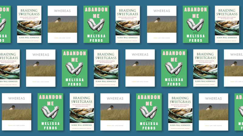 Covers of the three books--Whereas, Abandon Me: Memoirs and Braiding Sweetgrass.