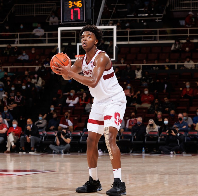 Harrison Ingram controls the ball near the three-point line.