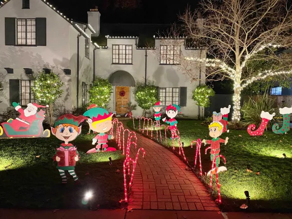 Decorations outside a home in Palo Alto for Christmas Tree Lane