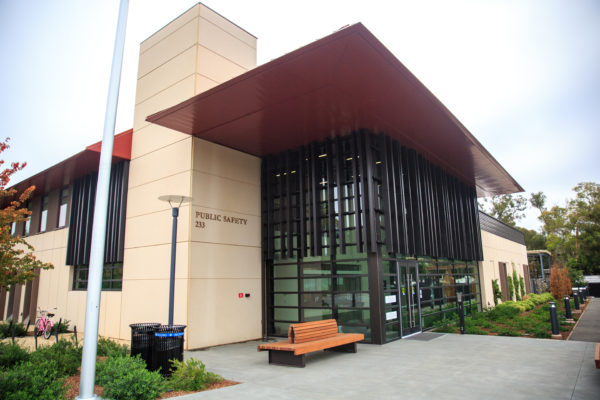 Wide angle shot of Stanford University Department of Public Safety building entrance