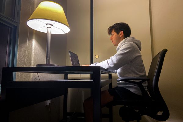 Student sits at desk looking at computer