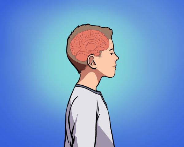 Cartoon child in front of a blue background, his brain visible through his side profile
