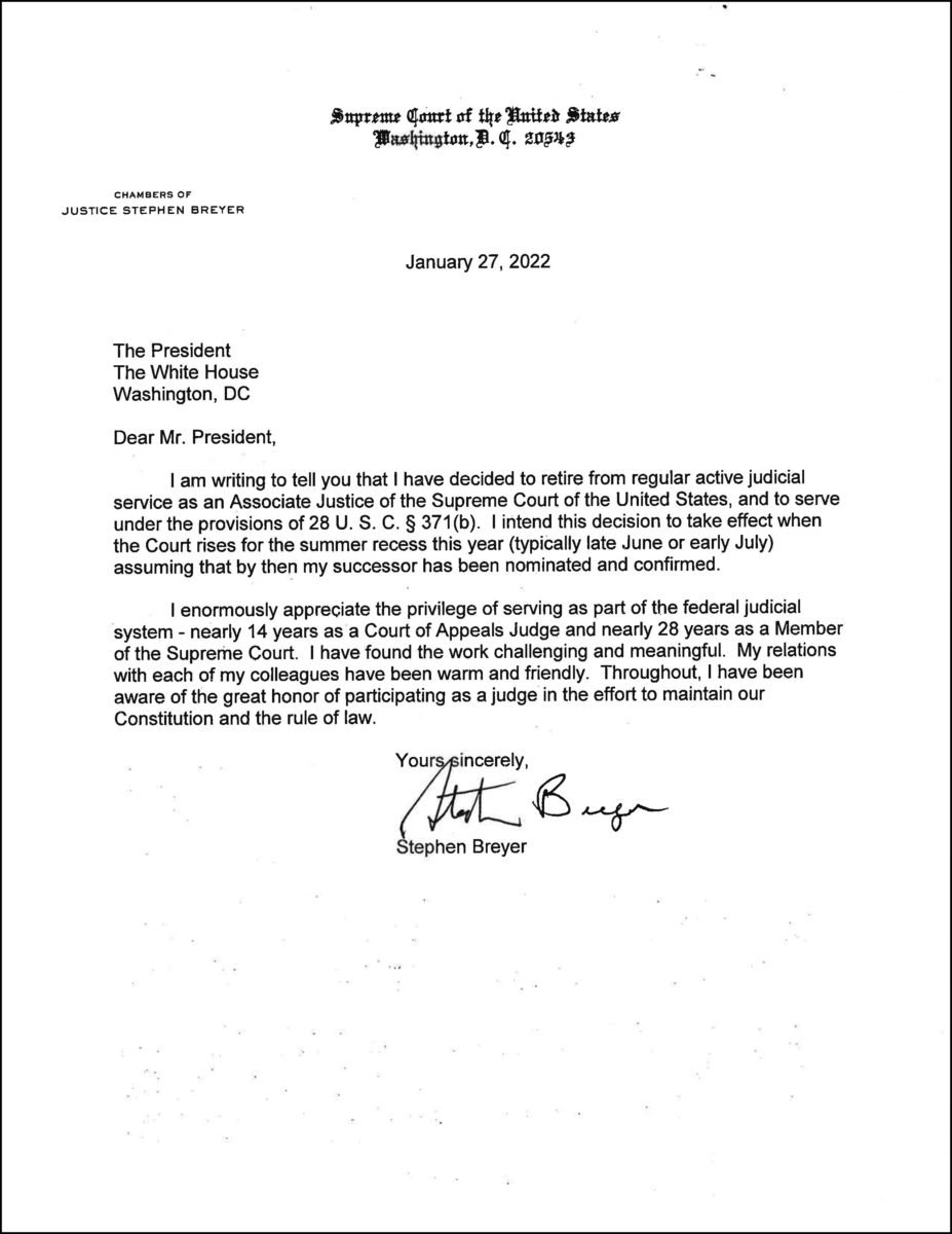 The letter Justice Breyer sent to President Biden.