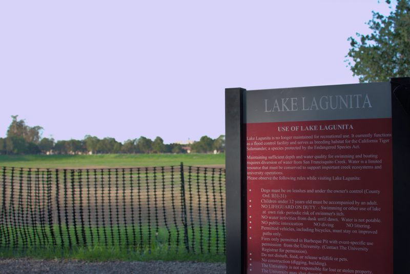 Lake Lagunita behind a sign explaining why it is empty