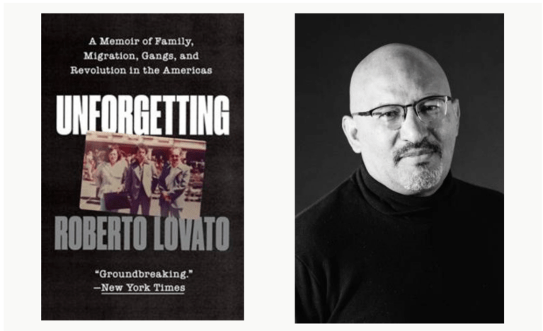 Portrait of author Robert Lovato wearing a black turtleneck and a cover of his book.