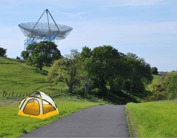 A tent pitched in front of the Stanford Dish